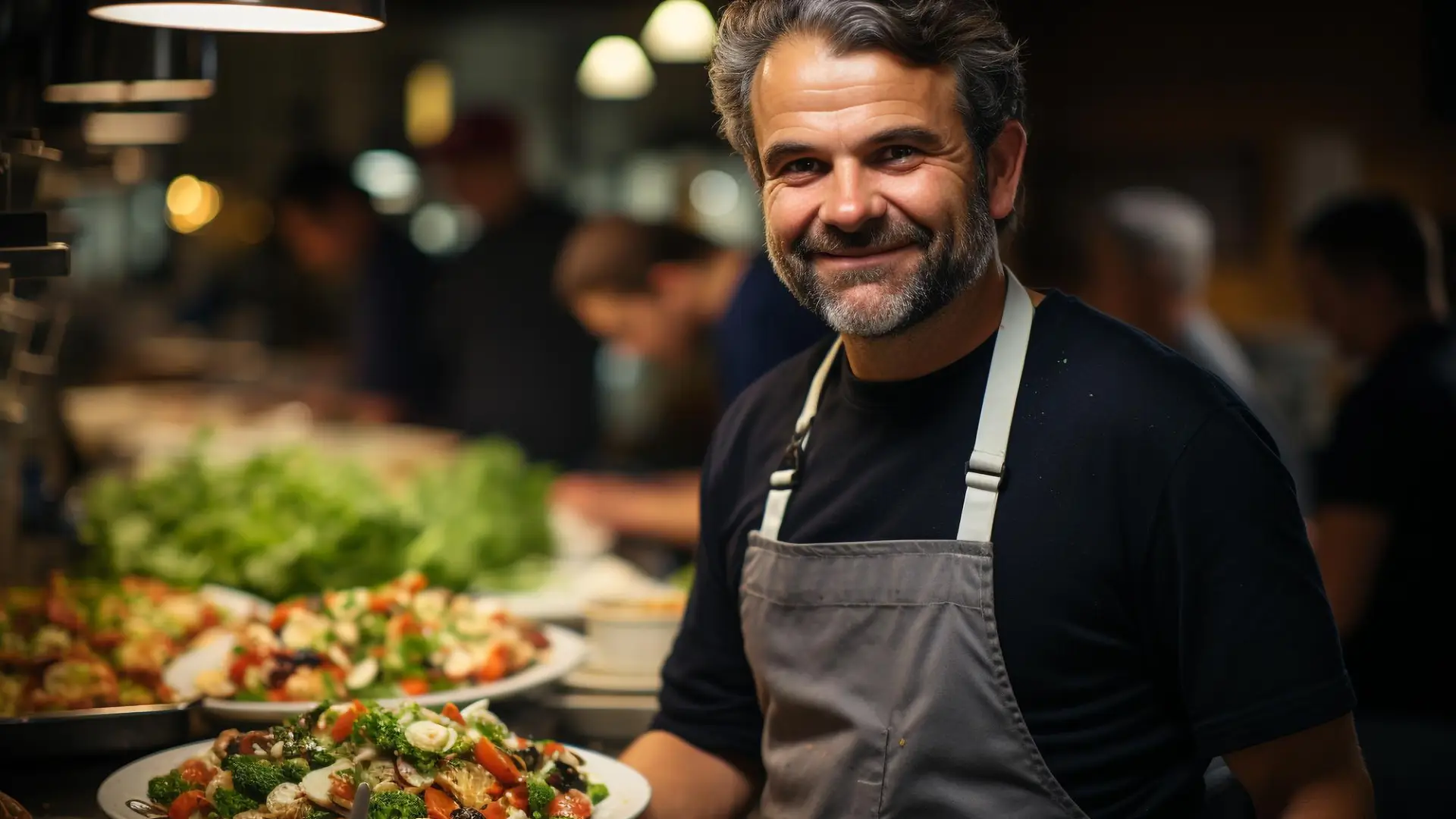 A happy restaurant owner reviewing financial reports with a satisfied smile, showing relief and success in managing business finances.