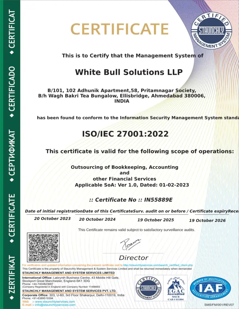 ISO 27001:2022 certification awarded to White Bull Solutions LLP, ensuring top-tier security for outsourced accounting services.