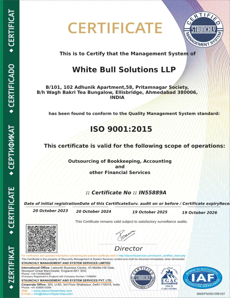 ISO 9001:2015 certification awarded to White Bull Solutions LLP, demonstrating commitment to quality management in outsourced accounting services.